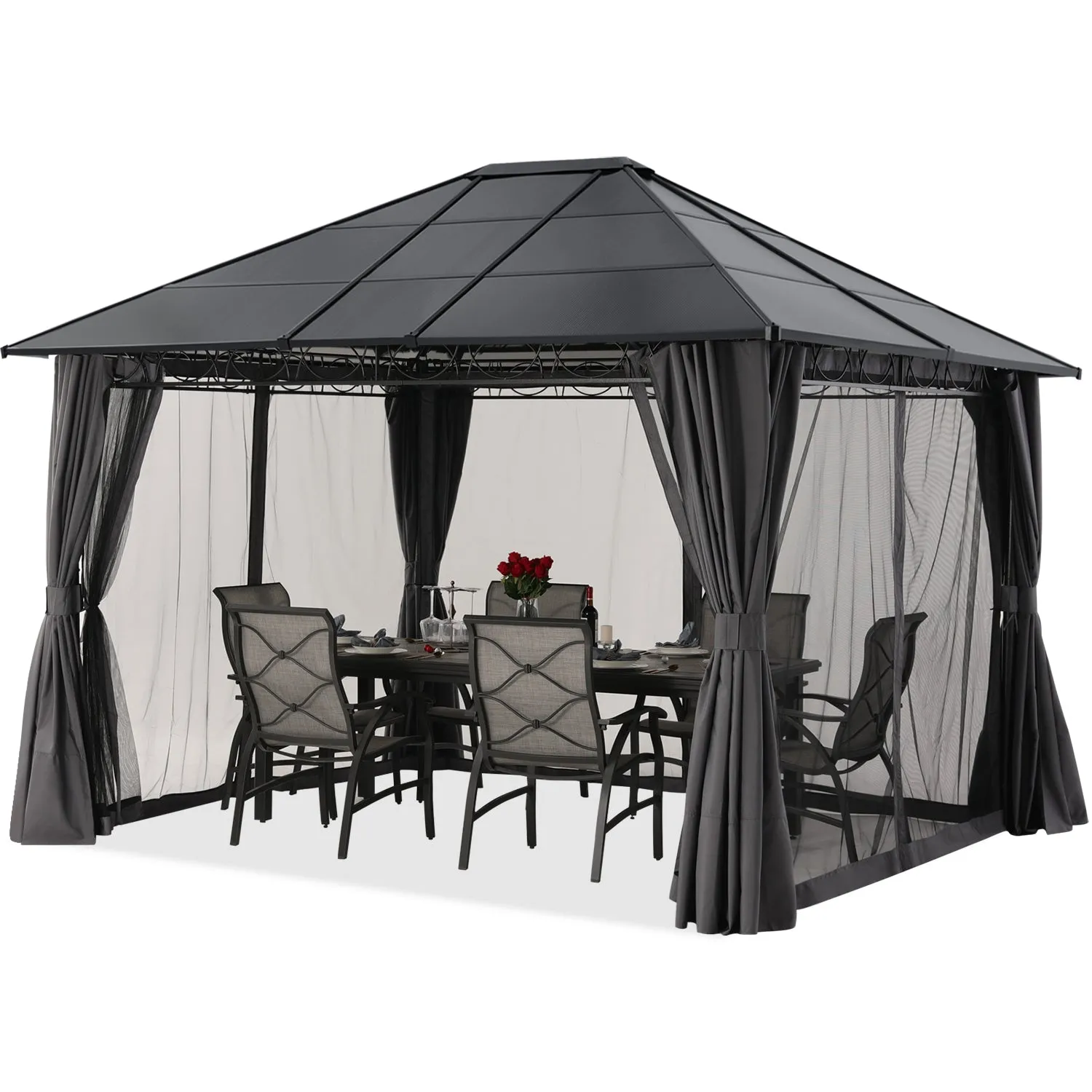 10x12 Outdoor Hardtop Gazebo Aluminum Frame Polycarbonate Top Canopy with Curtains and Netting