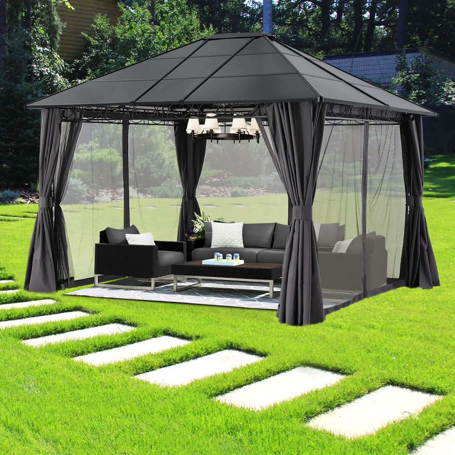 10x12 Outdoor Hardtop Gazebo Aluminum Frame Polycarbonate Top Canopy with Curtains and Netting