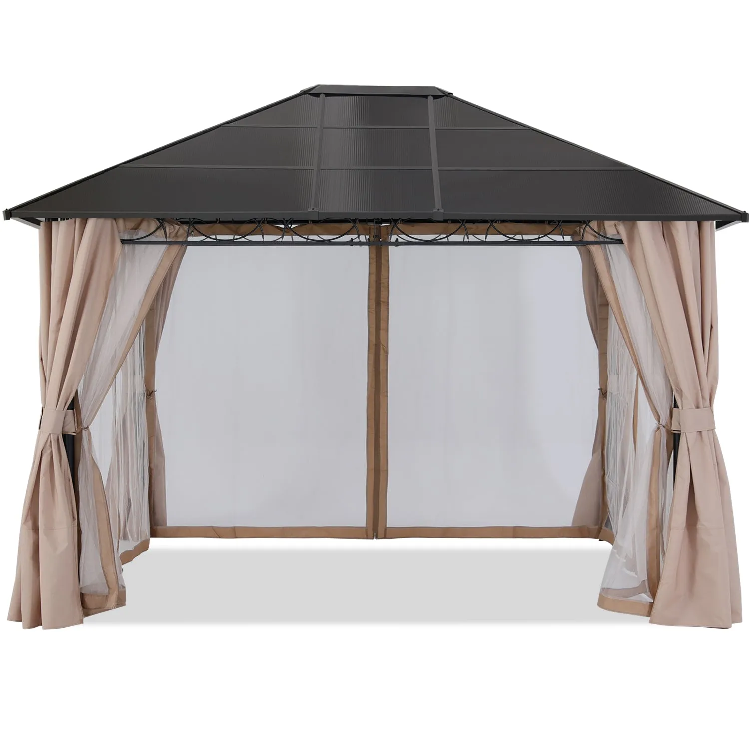 10x12 Outdoor Hardtop Gazebo Aluminum Frame Polycarbonate Top Canopy with Curtains and Netting