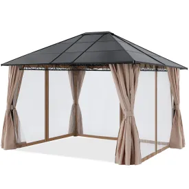 10x12 Outdoor Hardtop Gazebo Aluminum Frame Polycarbonate Top Canopy with Curtains and Netting