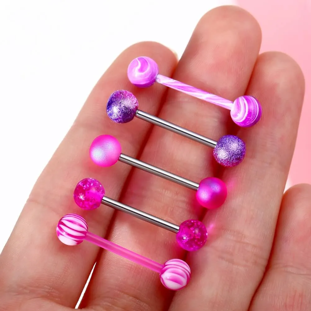 14G 5PCS Lilac Barbell Tongue Rings Pack