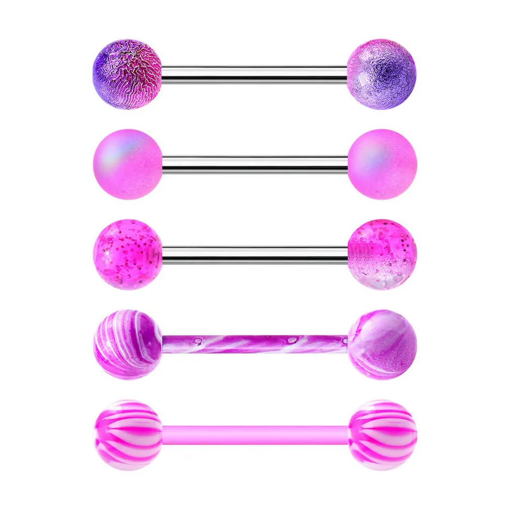 14G 5PCS Lilac Barbell Tongue Rings Pack