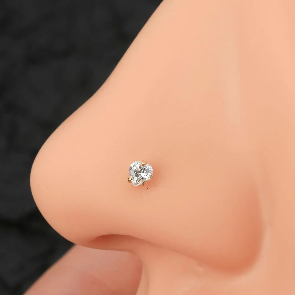 14K Gold 20G L Shape Heart CZ Nose Stud