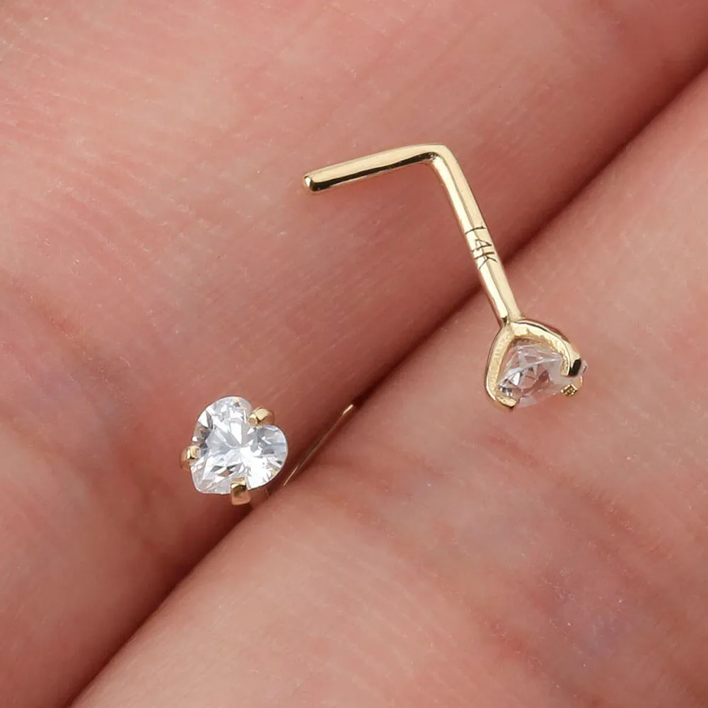 14K Gold 20G L Shape Heart CZ Nose Stud