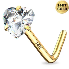 14K Gold 20G L Shape Heart CZ Nose Stud