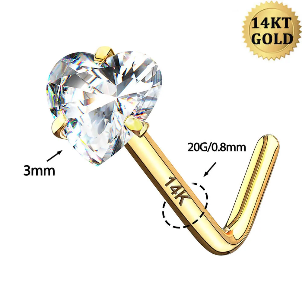 14K Gold 20G L Shape Heart CZ Nose Stud