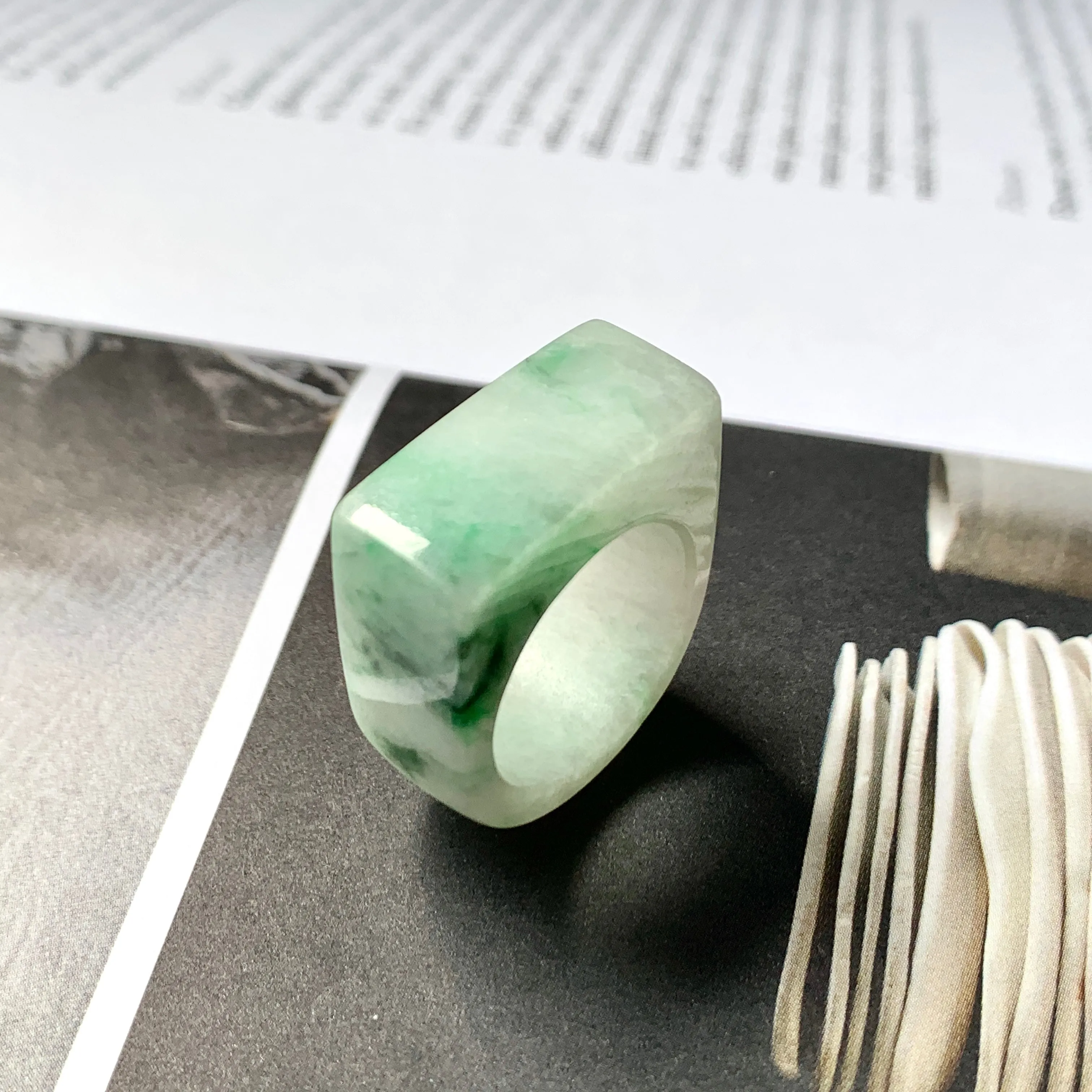 18.2mm A-Grade Natural Moss On Snow Jadeite Ring Band No.220474