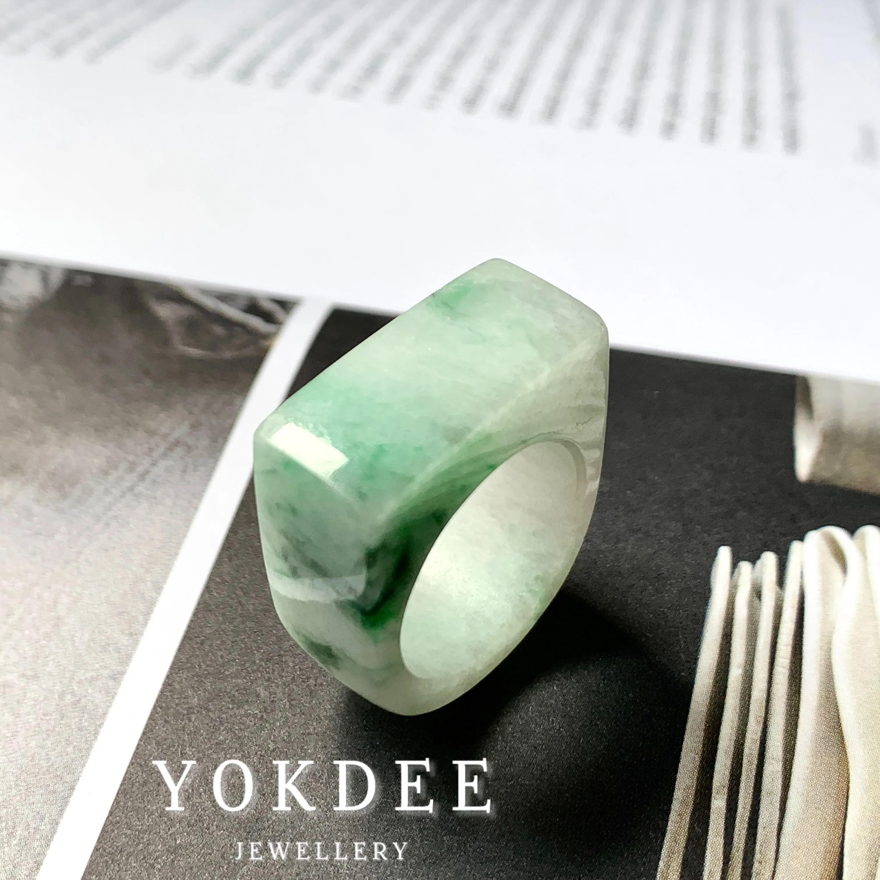 18.2mm A-Grade Natural Moss On Snow Jadeite Ring Band No.220474