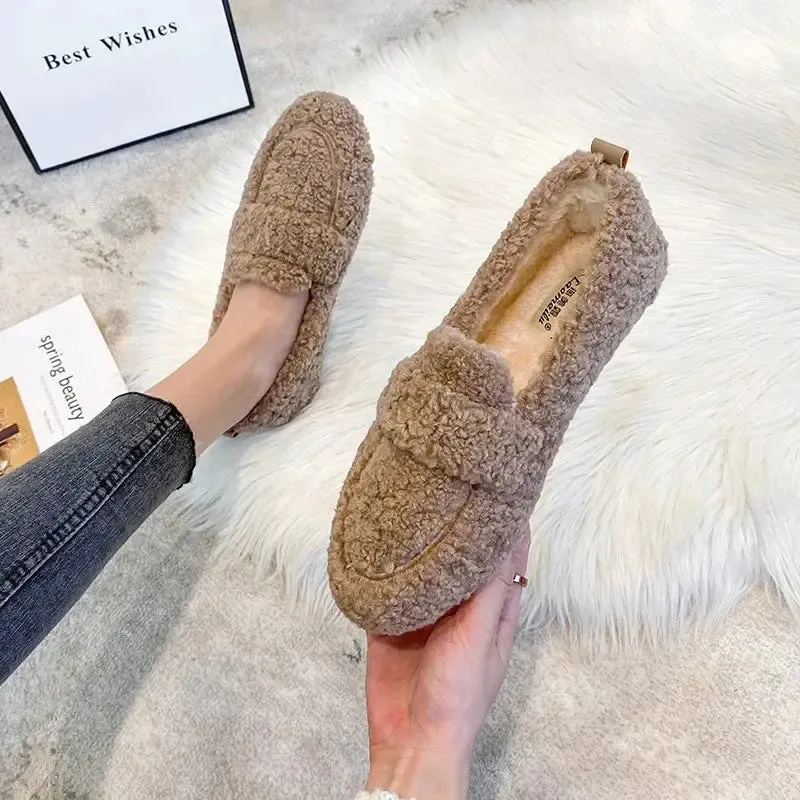 2023 new women's winter loafers warm outdoor shoes plush design british style white snow boots Ladies' casual flats Large size 41-43