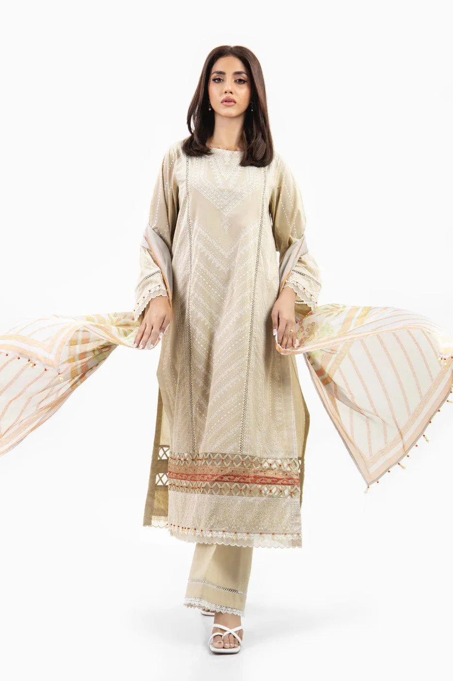 3 Pc Printed Light Cambric Shirt With Printed Silk Dupatta