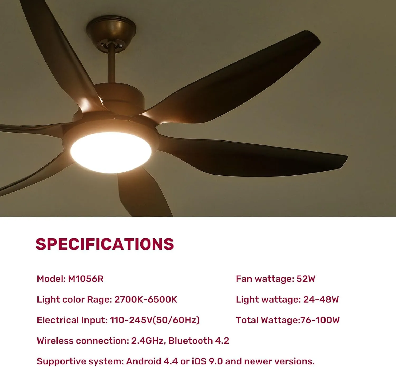 56-inch Ceiling Fans with Lights and Remote - Indoor/Outdoor Ceiling Fans with Light, Dimmable 3-Color Temperature Reversible Blades 6 Speed Quiet DC Motor