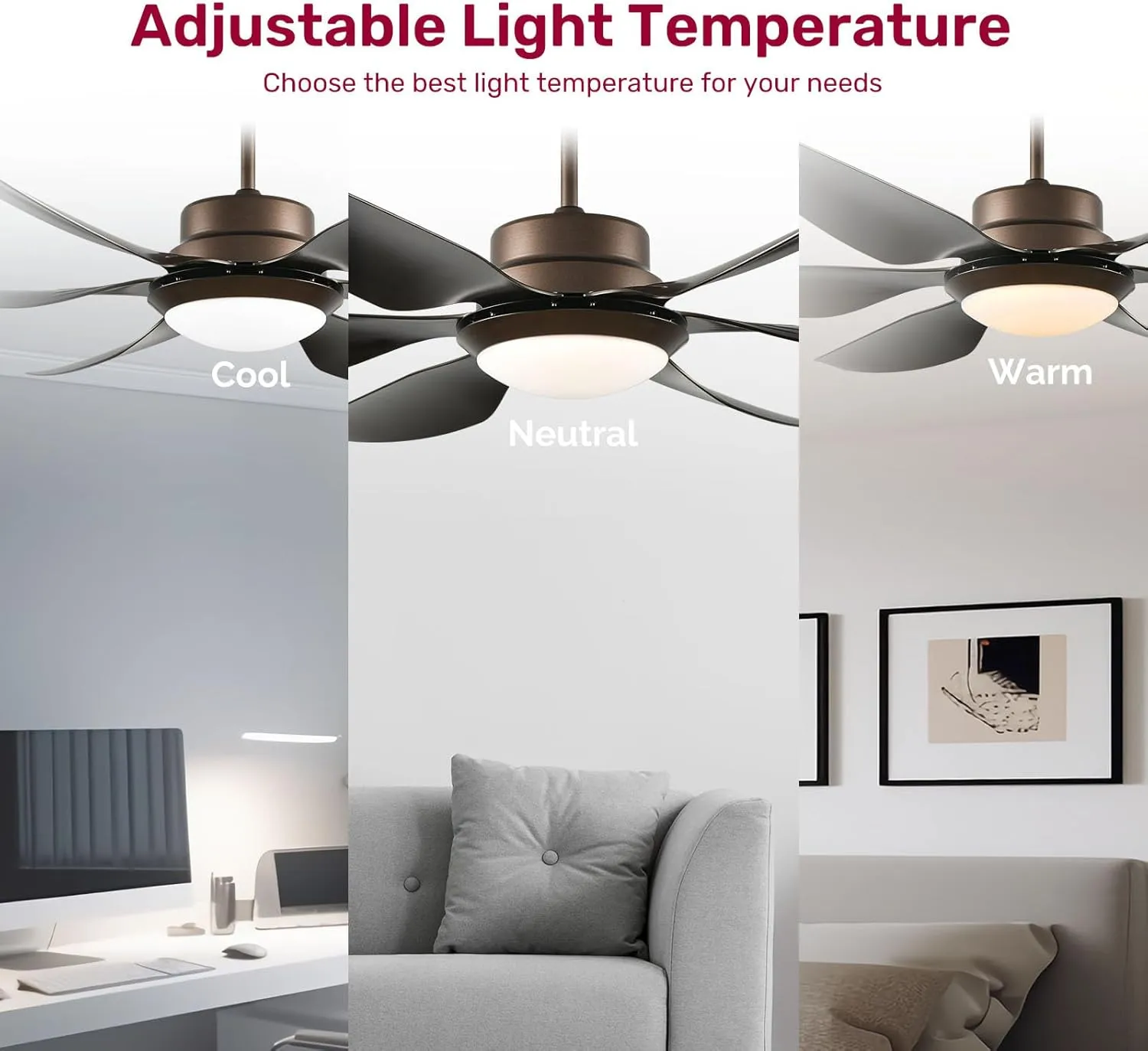 56-inch Ceiling Fans with Lights and Remote - Indoor/Outdoor Ceiling Fans with Light, Dimmable 3-Color Temperature Reversible Blades 6 Speed Quiet DC Motor