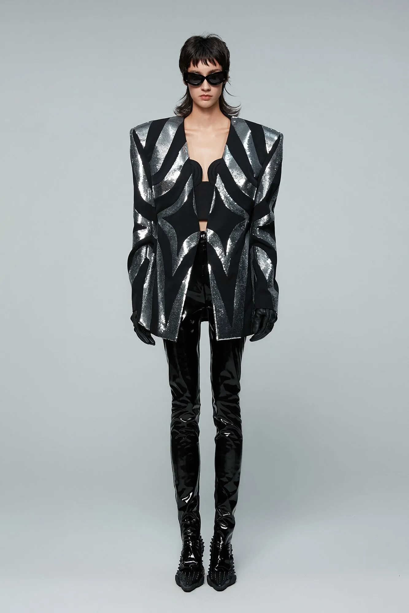 Acetate wool four pointed star patchwork sequin suit