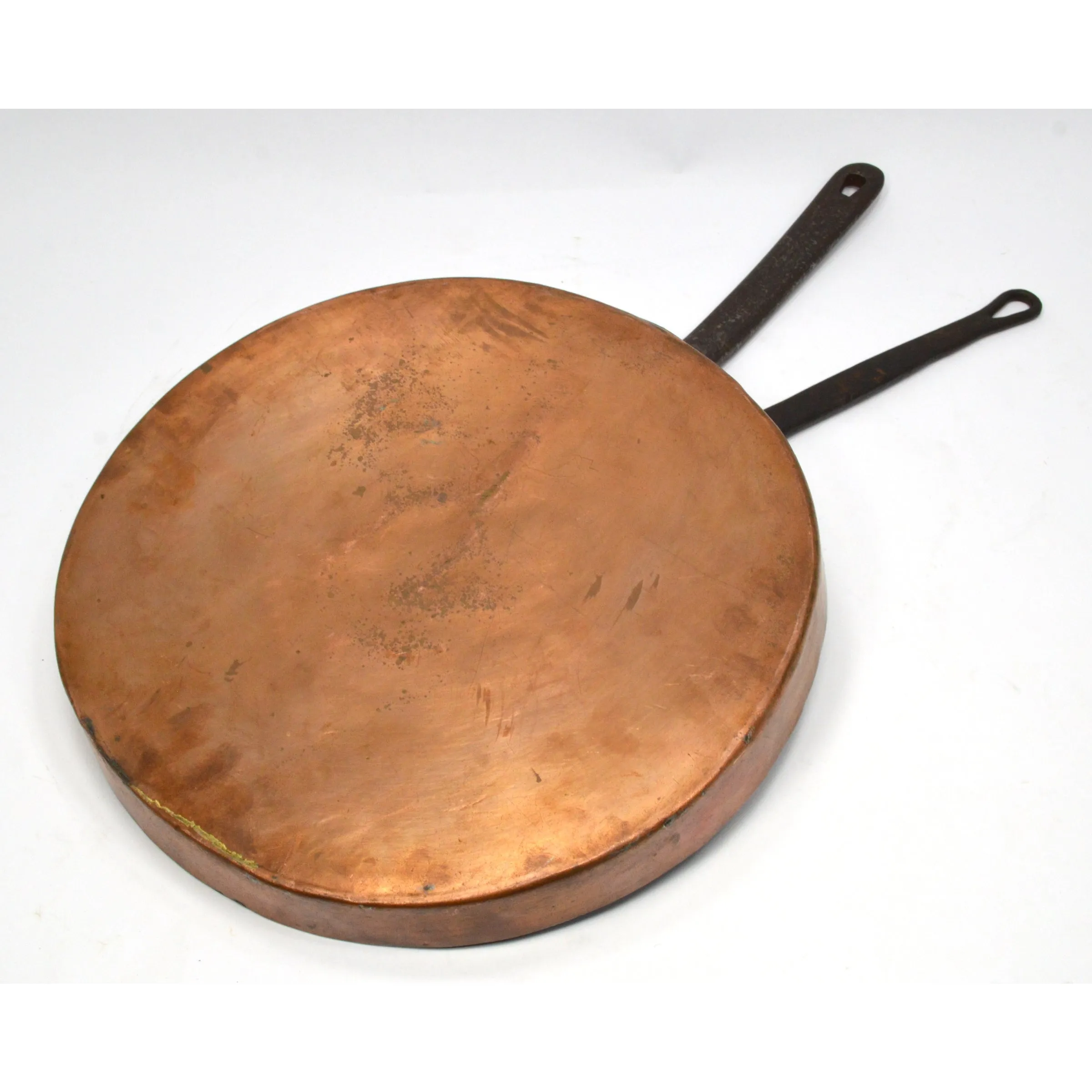 Antique 13.25" TINNED COPPER SKILLET Riveted Frying Pan w/ MISMATCHED LID Patina