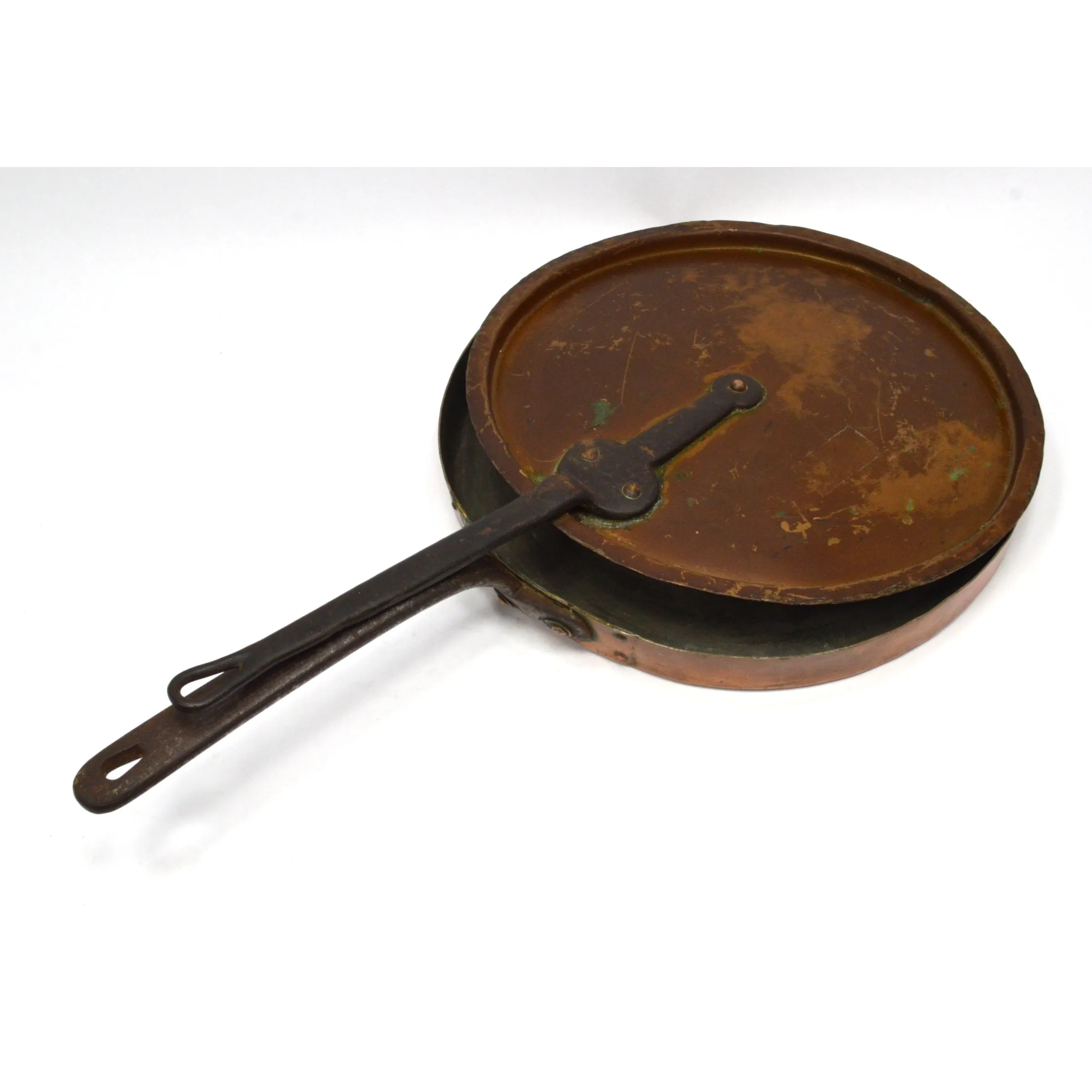 Antique 13.25" TINNED COPPER SKILLET Riveted Frying Pan w/ MISMATCHED LID Patina