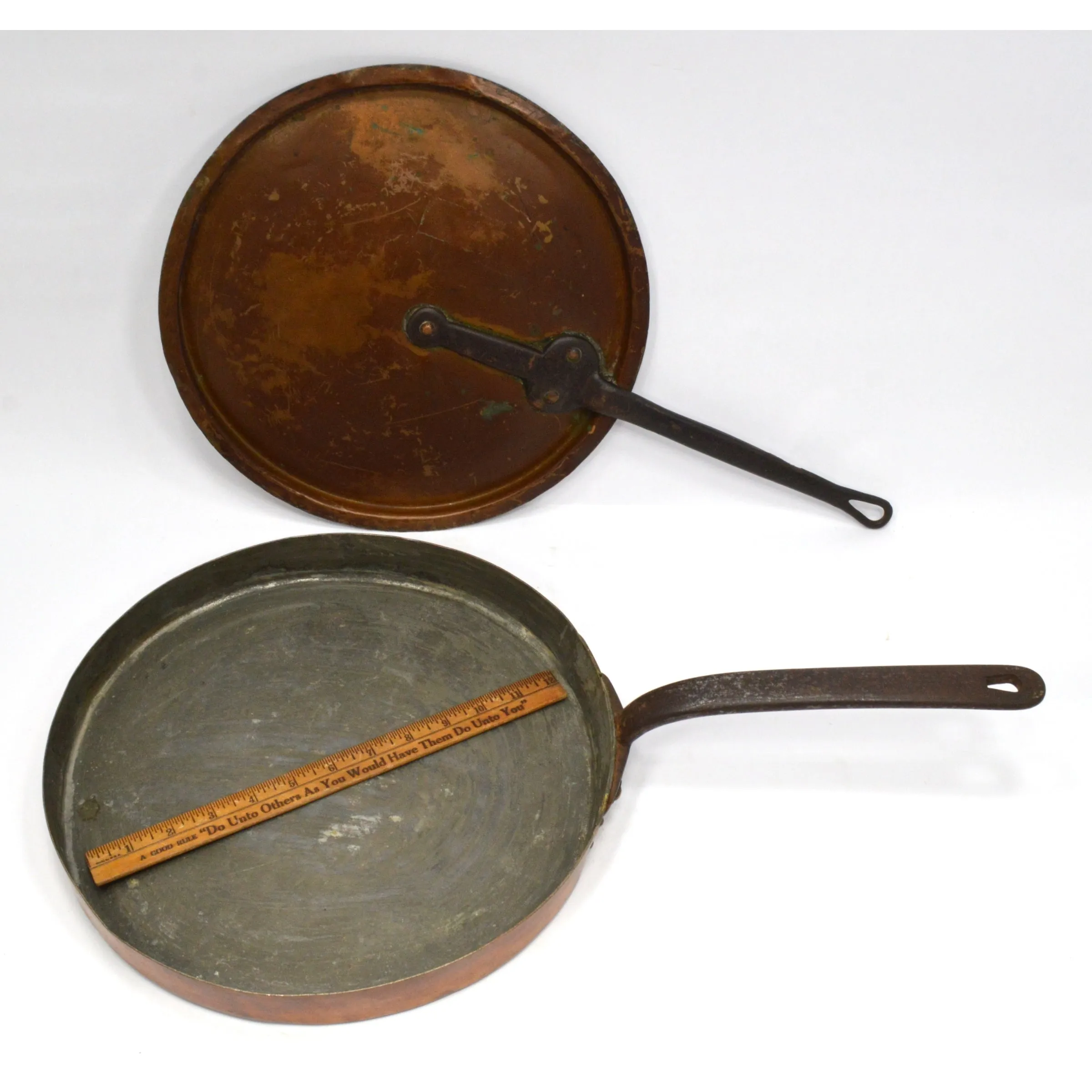 Antique 13.25" TINNED COPPER SKILLET Riveted Frying Pan w/ MISMATCHED LID Patina