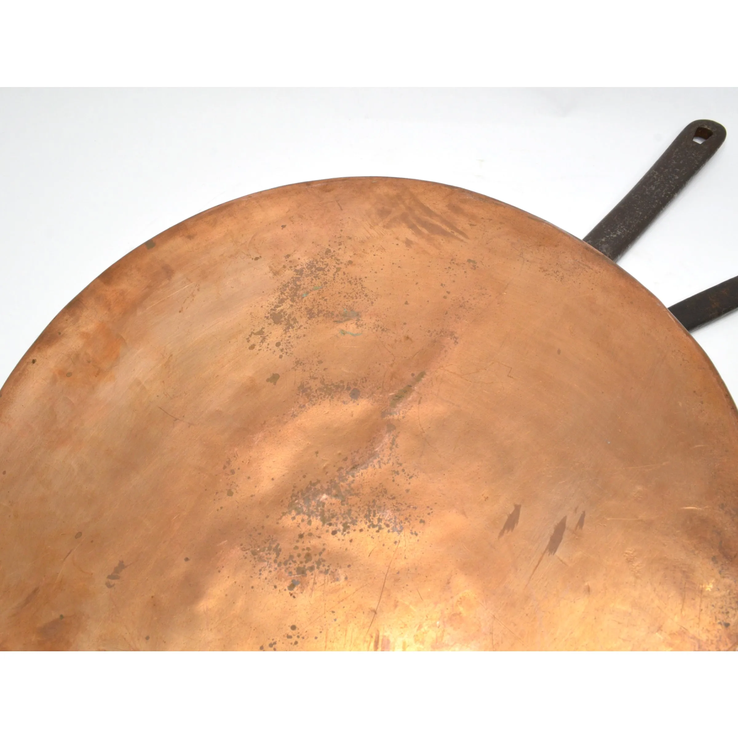 Antique 13.25" TINNED COPPER SKILLET Riveted Frying Pan w/ MISMATCHED LID Patina