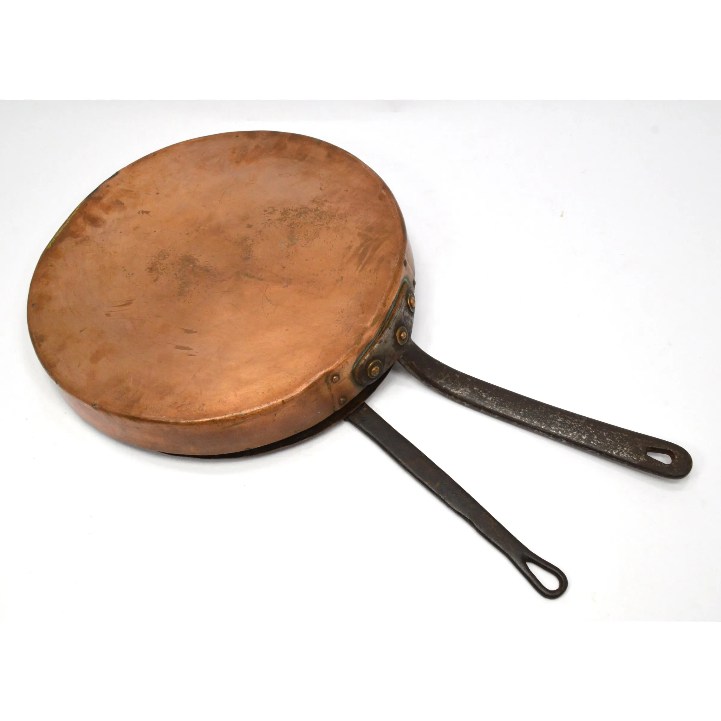 Antique 13.25" TINNED COPPER SKILLET Riveted Frying Pan w/ MISMATCHED LID Patina