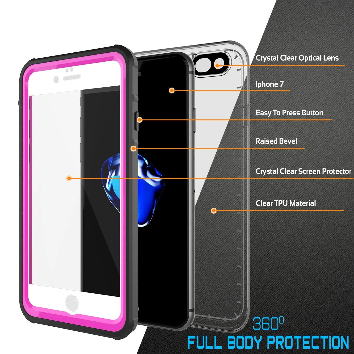 Apple iPhone 8 Waterproof Case, PUNKcase CRYSTAL Pink W/ Attached Screen Protector  | Warranty