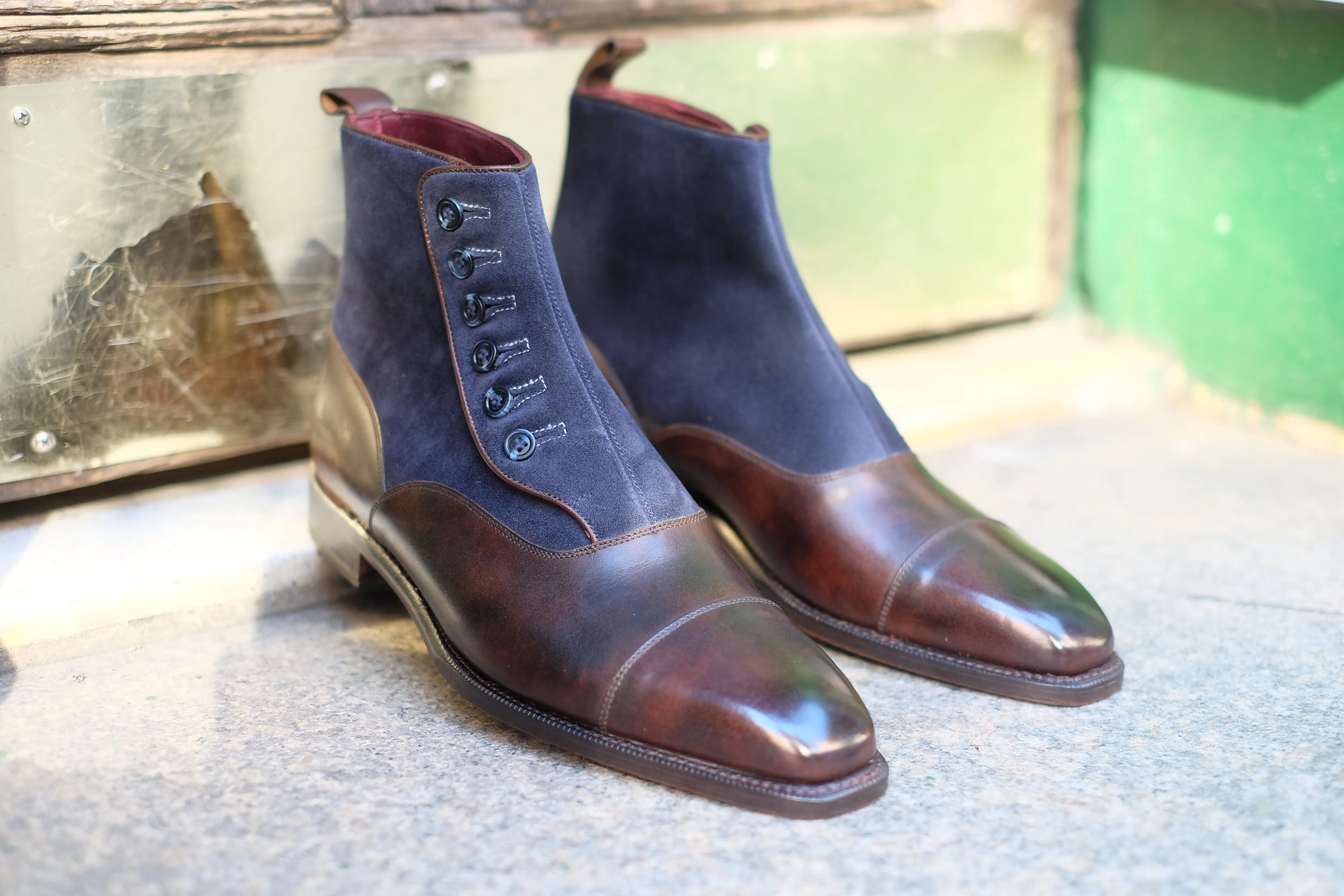 Bellevue - MTO - Dark Brown Museum Calf / Navy Suede - Sky Blue Stitching - Blue Buttons - MGF Last - Single Leather Sole