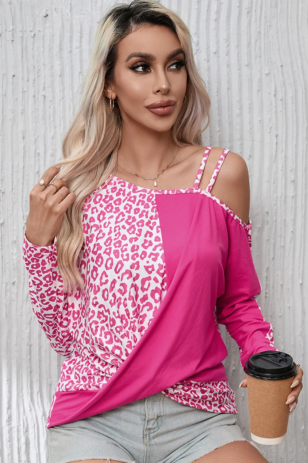 Black Half Leopard Patchwork Short Sleeves Top