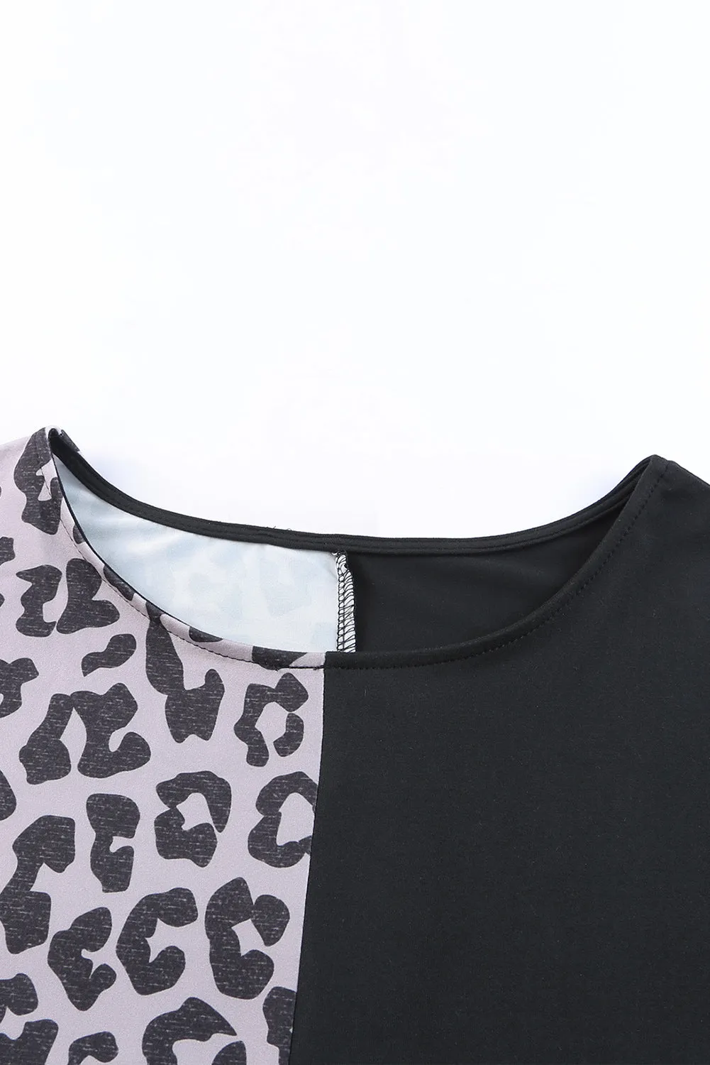 Black Half Leopard Patchwork Short Sleeves Top