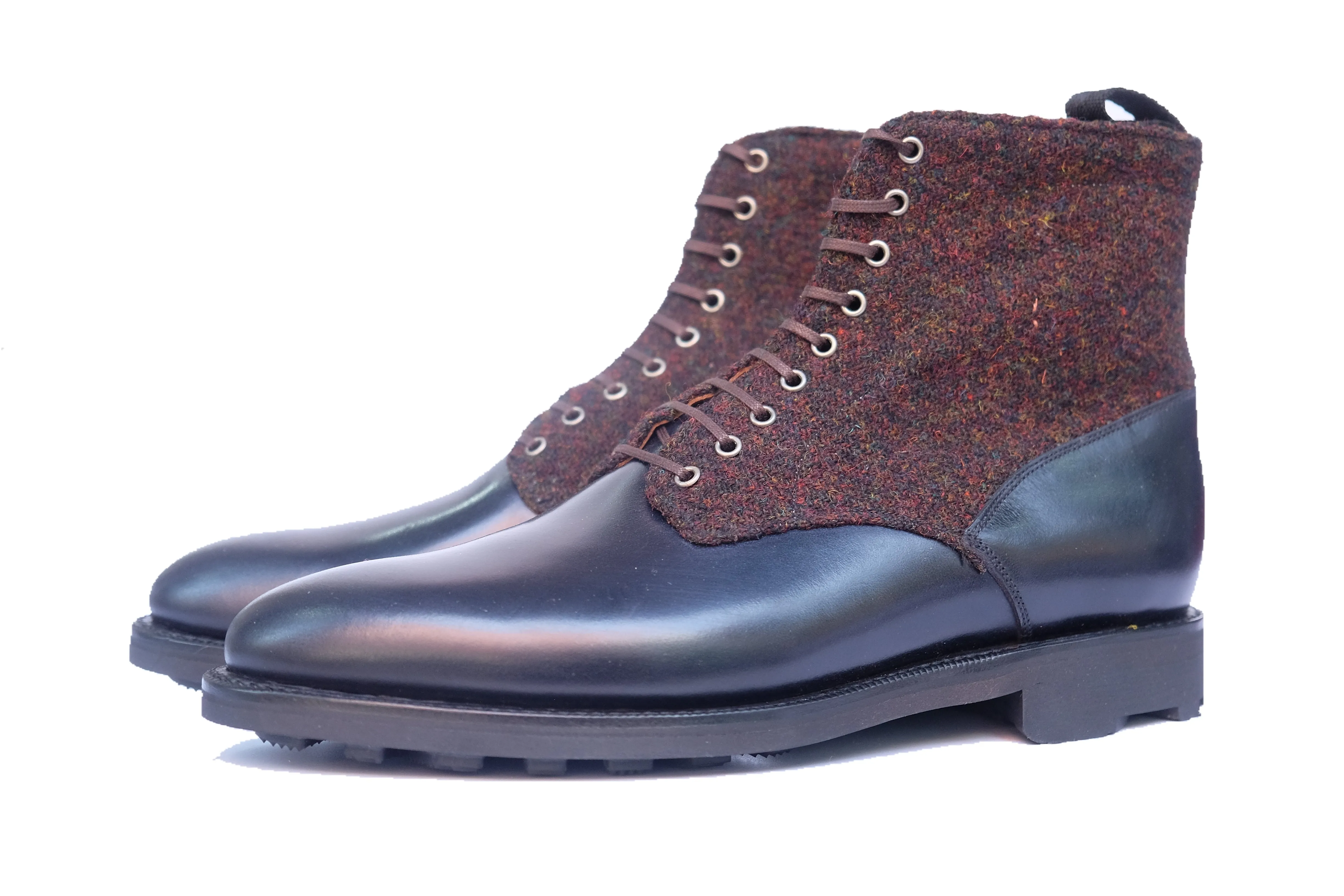 Blaine - MTO - Rugged Navy Calf / Burgundy Medley Tweed - Aged Silver Eyelets (No Speedhooks) - TMG Last - Rugged Rubber Sole