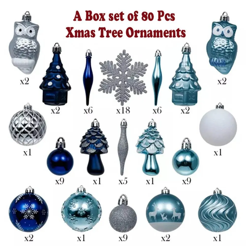 Christmas Ball Ornaments XMas Tree Hanging Decorations Silver & Blue theme christmas Balls, 80 pcs Box Set