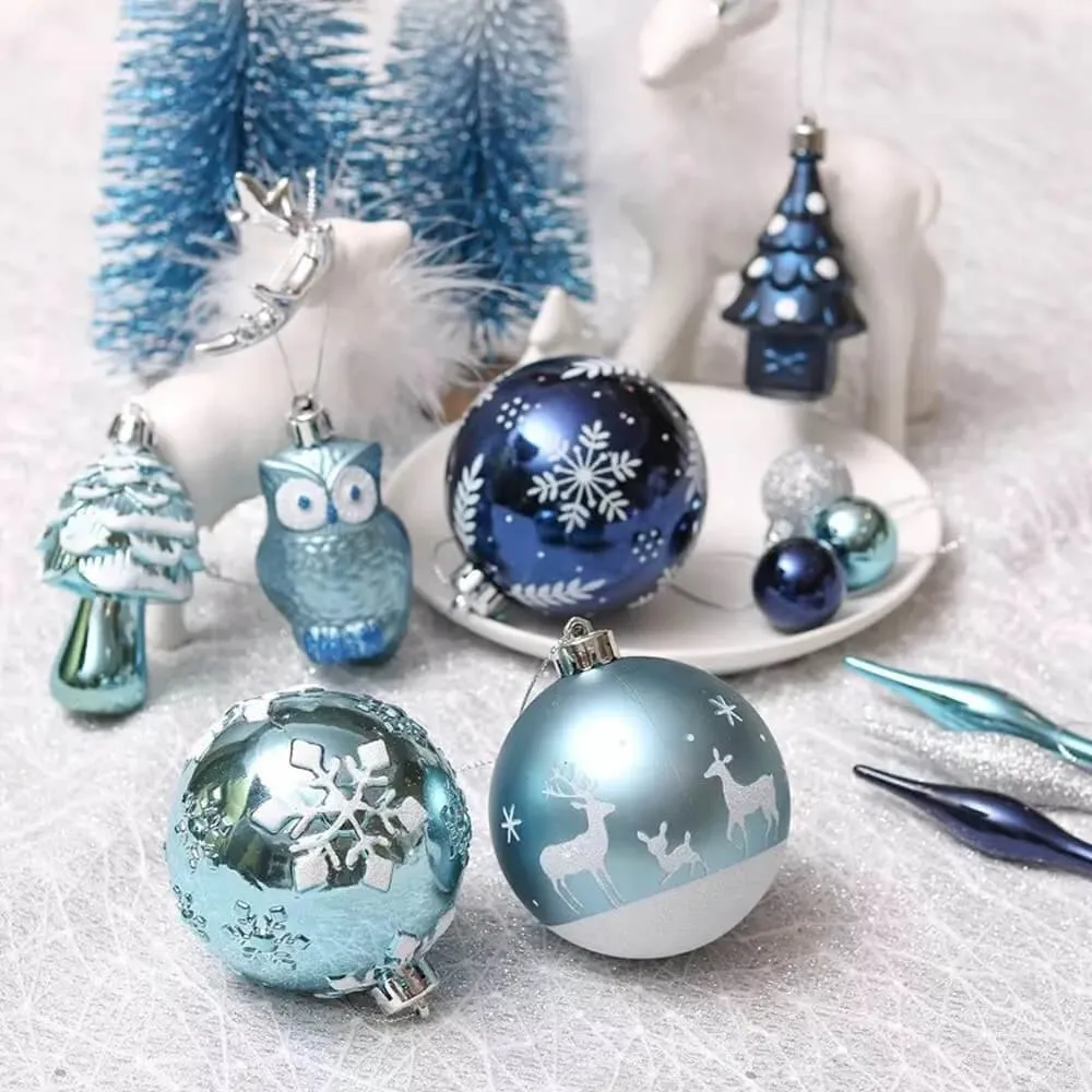 Christmas Ball Ornaments XMas Tree Hanging Decorations Silver & Blue theme christmas Balls, 80 pcs Box Set