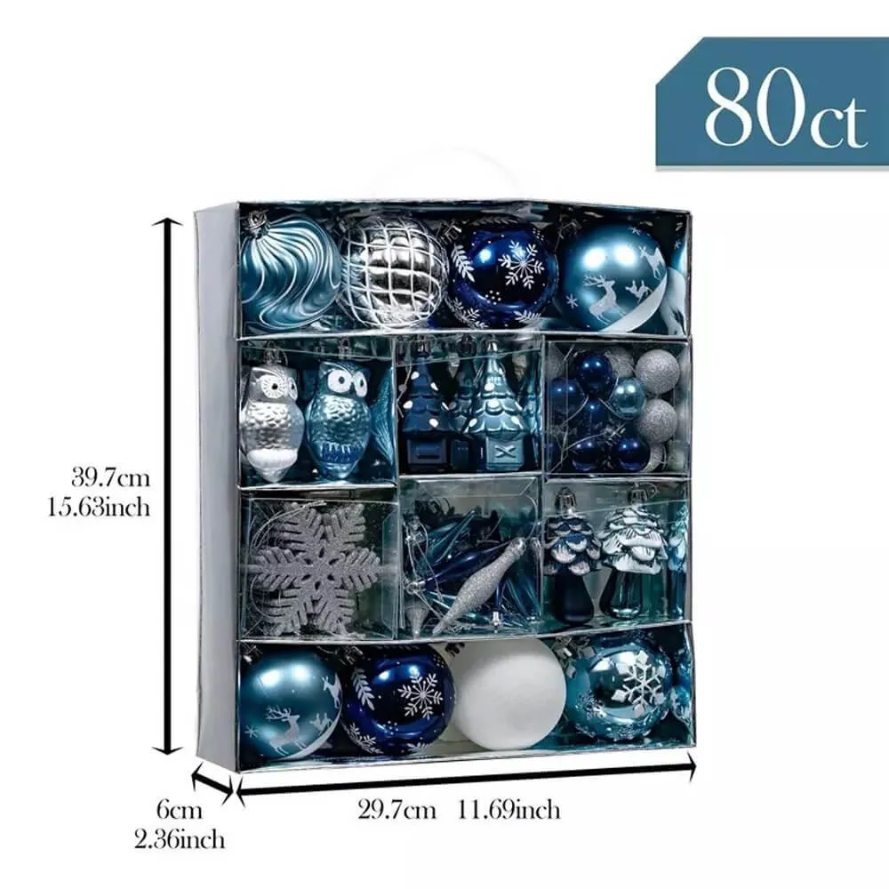 Christmas Ball Ornaments XMas Tree Hanging Decorations Silver & Blue theme christmas Balls, 80 pcs Box Set