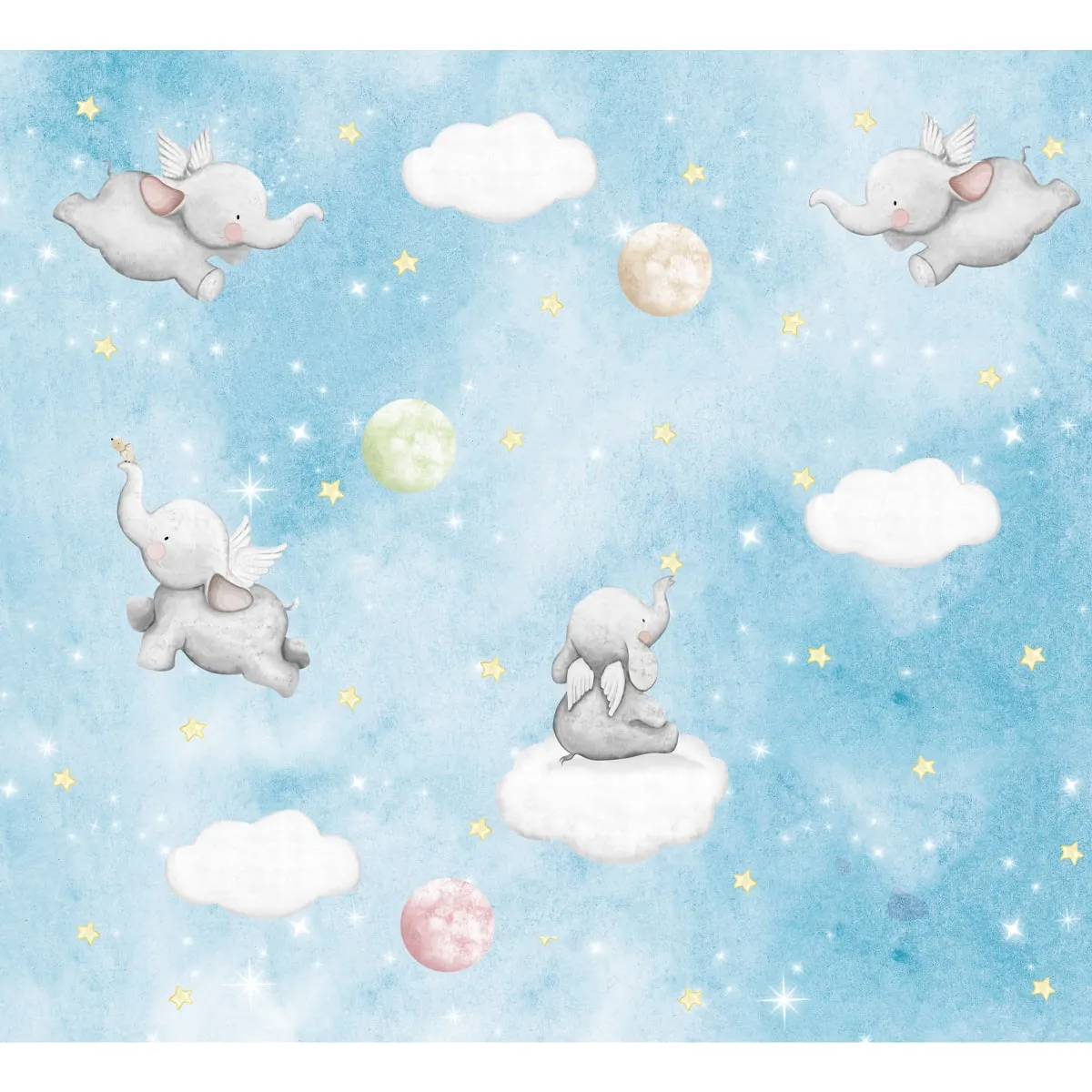 Cute Elephants on Clouds in Starry Night, Kids Wallpaper, Customised