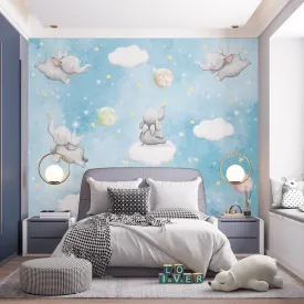 Cute Elephants on Clouds in Starry Night, Kids Wallpaper, Customised