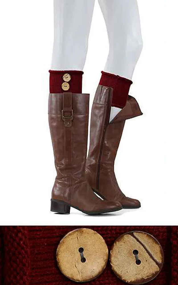 EABC4023 Burgundy Big Button Knit Boots Cuffs