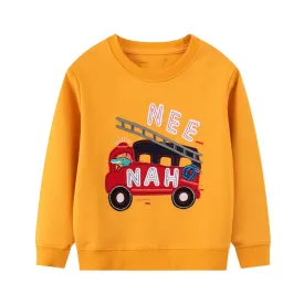 Full Sleeve Cute Dino Car Theme Boys Sweatshirt, Mustard