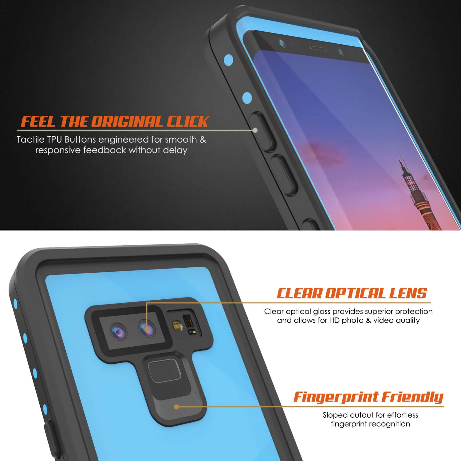 Galaxy Note 9 Waterproof Case, Punkcase Studstar Light Blue Thin Armor Cover