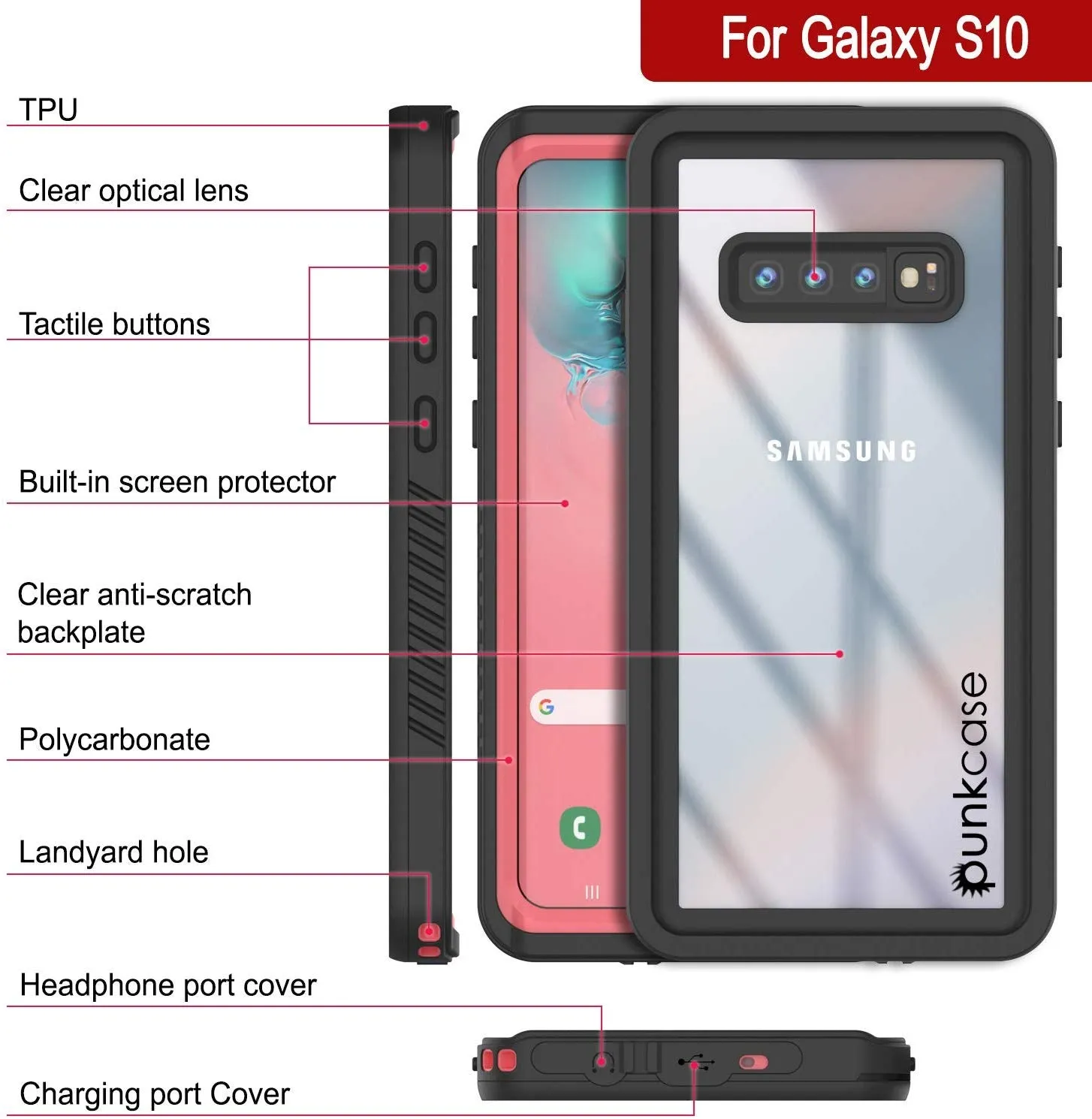 Galaxy S10 Water/Shock/Snowproof Slim Screen Protector Case [Pink]