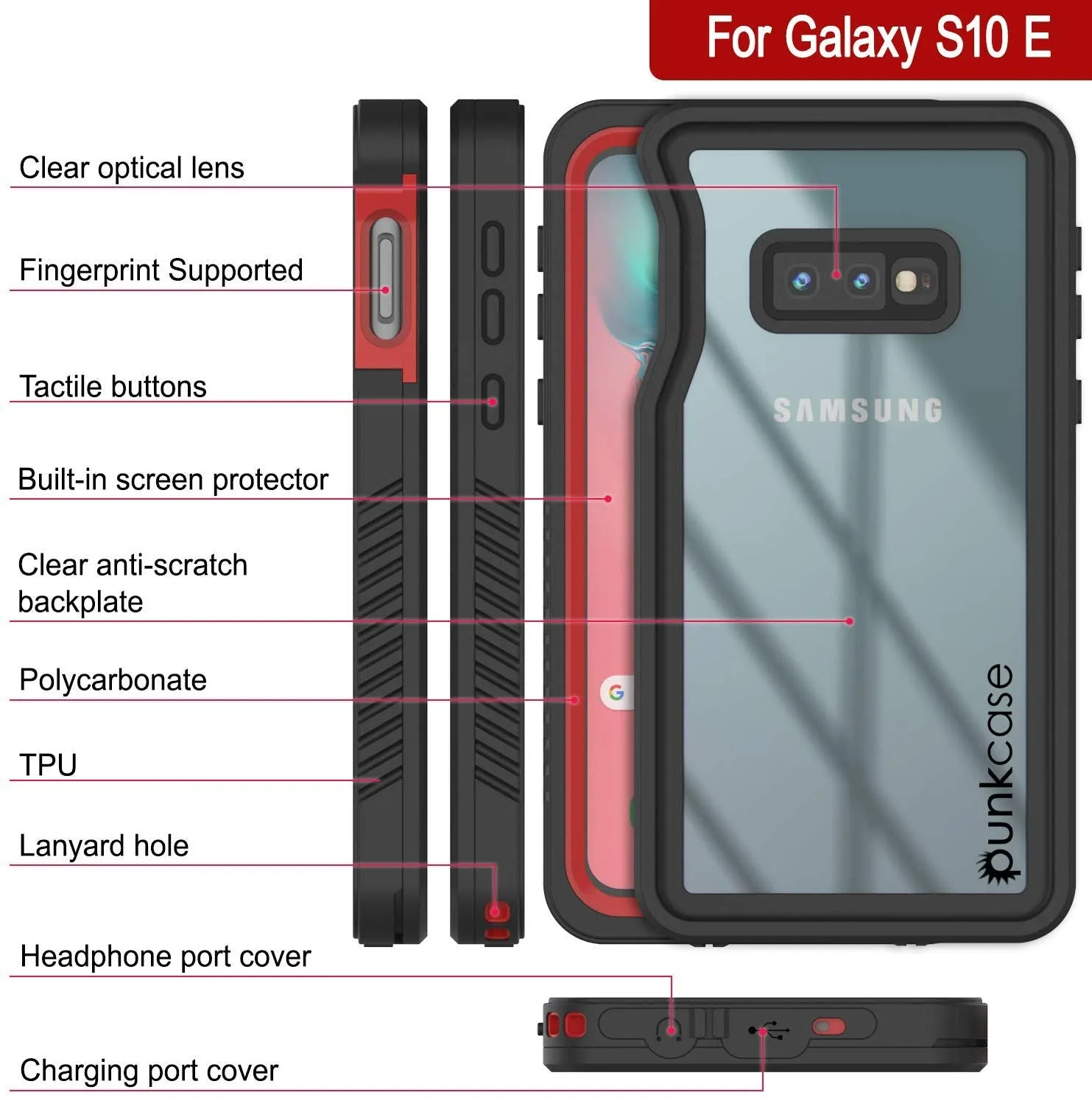 Galaxy S10e Water/Shock/Snowproof Slim Screen Protector Case [Red]