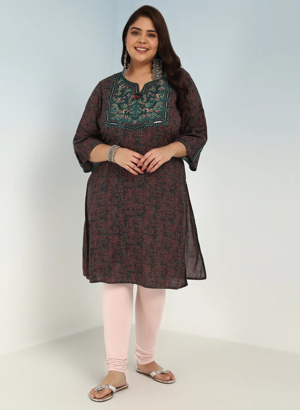 Green Round Neck Straight Fit kurti with Patch Work