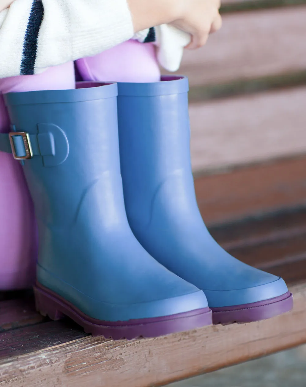 KID’S BUCKLE RUBBER RAIN BOOTS SKY BLUE & PURPLE