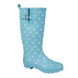 Ladies Wellington Welly Heart Print Teal White PVC Woodstock