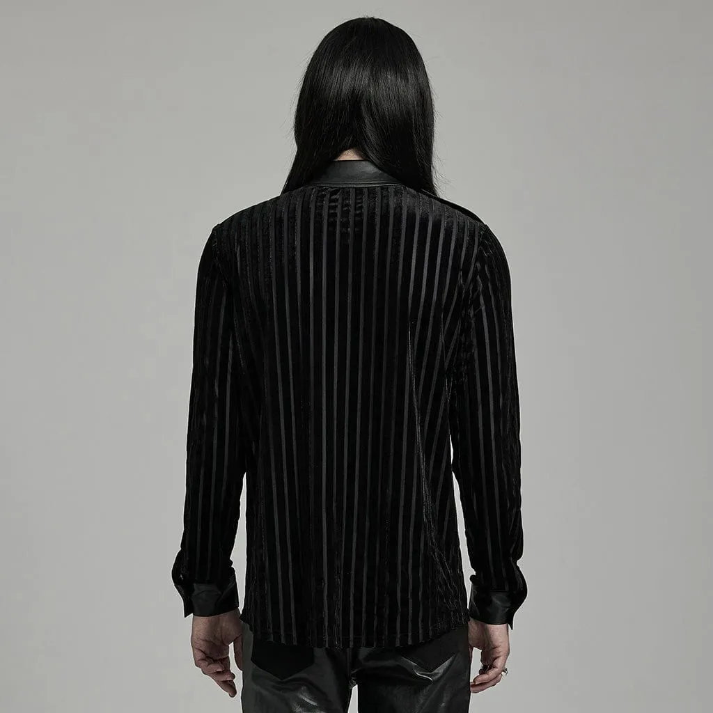 Men's Gothic Faux Leather Splice Striped Velvet Shirt