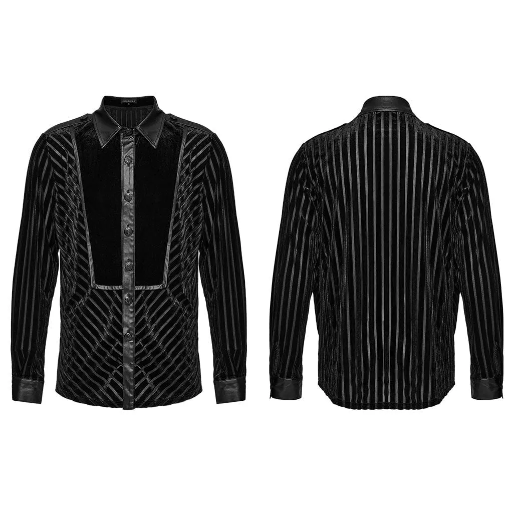 Men's Gothic Faux Leather Splice Striped Velvet Shirt