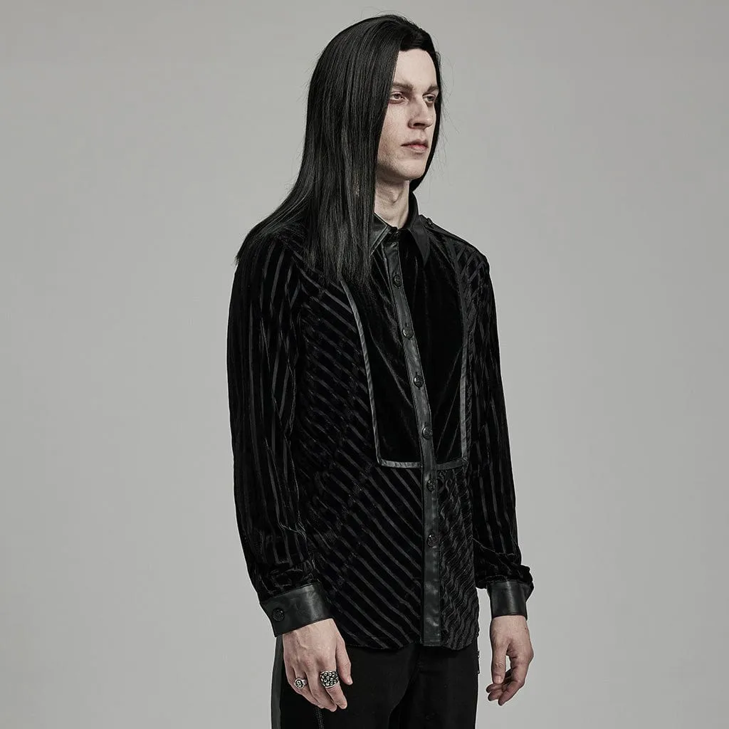 Men's Gothic Faux Leather Splice Striped Velvet Shirt