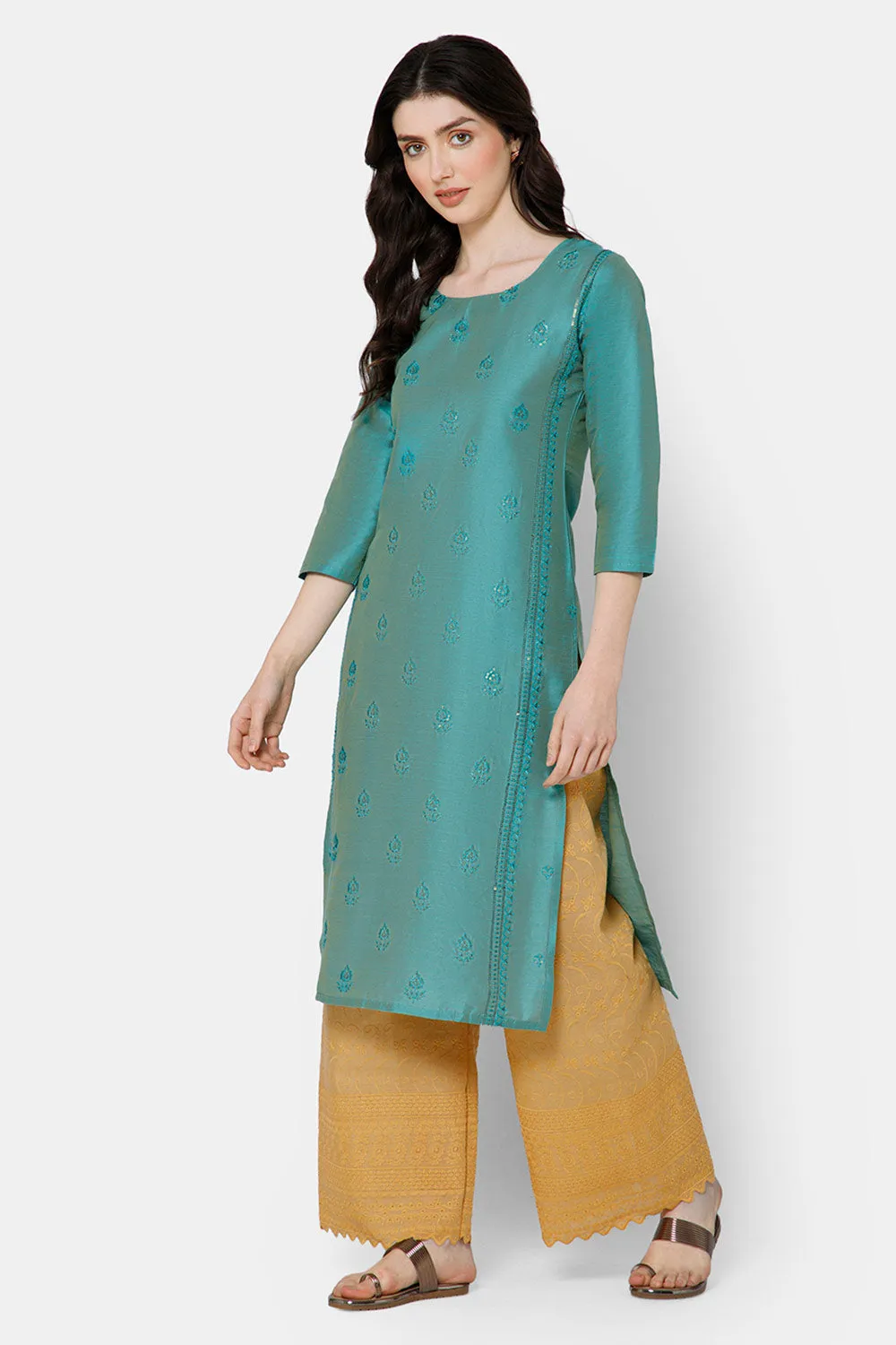 Mythri Women's Ethnic wear with Sequins Embroidery - Sea Green - E038