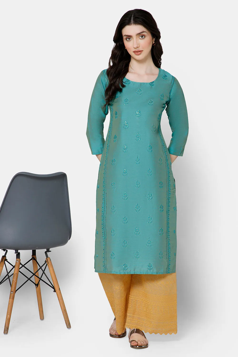 Mythri Women's Ethnic wear with Sequins Embroidery - Sea Green - E038