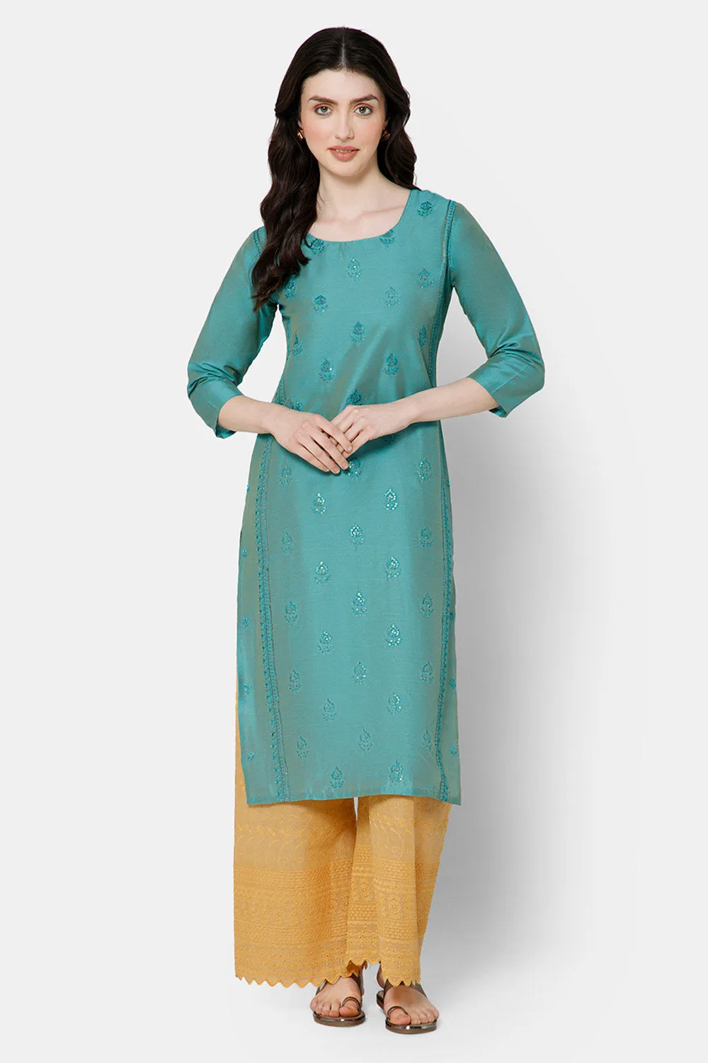 Mythri Women's Ethnic wear with Sequins Embroidery - Sea Green - E038