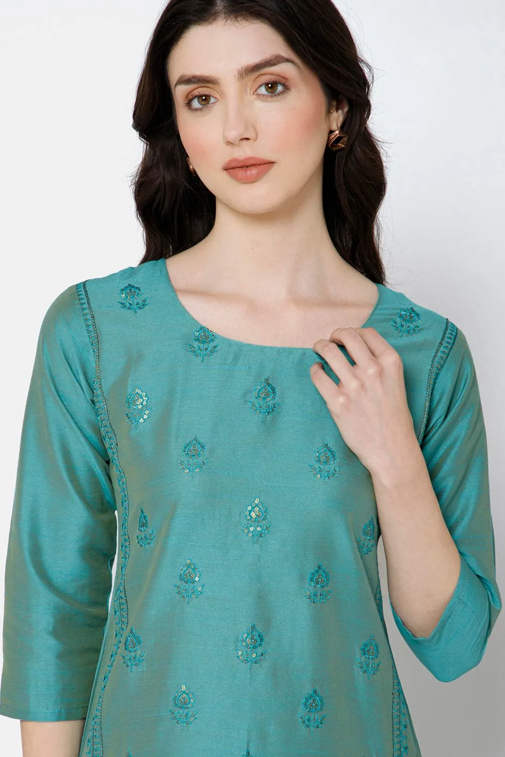 Mythri Women's Ethnic wear with Sequins Embroidery - Sea Green - E038