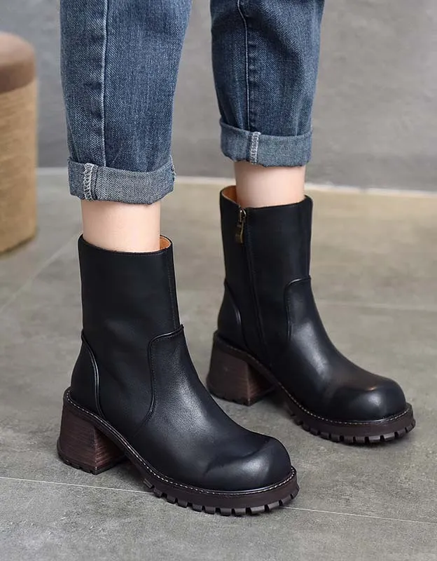 Non-slip Real Leather Chunky Boots