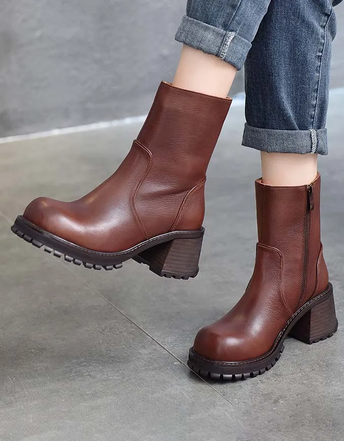 Non-slip Real Leather Chunky Boots