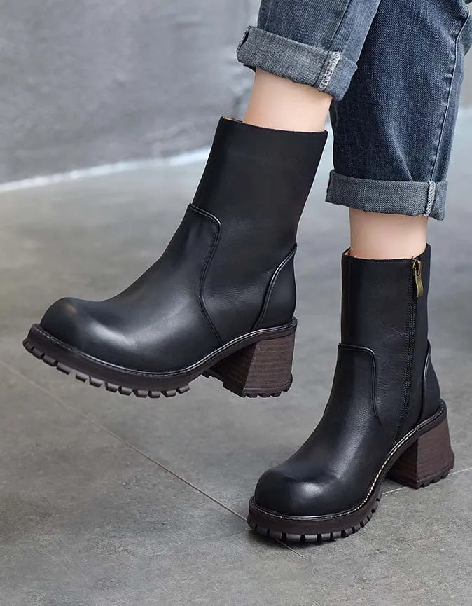 Non-slip Real Leather Chunky Boots